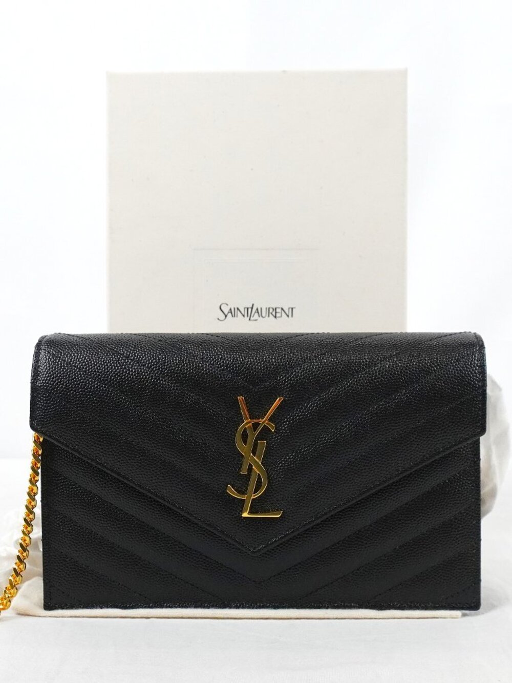 Saint Laurent Cassandre Envelope Chain Wallet In Black Grain De Poudre Leather